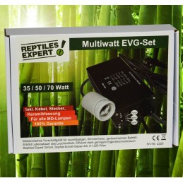 Reptiles Expert Multiwatt EVG 35/50/70 Watt Kit with cable, plug, and ceramic socket.